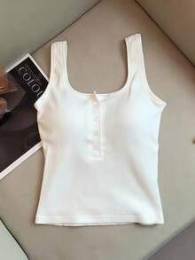 Franclia Sexy Fitted Round Neck Half-Open Chest Pad Commuter Ribbed Tank Top For Women - White - View 5