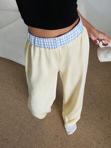 Dream Adore Damen Lässig Karomuster Kontrastfarbe Taillenbund Elastische Taille Gerade Bein Loungehose, geeignet als Oberbekleidung - Verschiedenfarbig - Übersicht 5