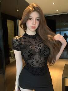DAZY 女士纯色圆领修身短袖T恤，黑色夏季款 - 黑色 - 查看 4