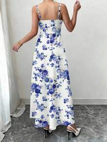 Selianne Đầm hai dây thanh lịch in hoa, xếp ly ở phần ngực, thích hợp cho mùa xuân/hè. - Màu xanh lam - Xem 2