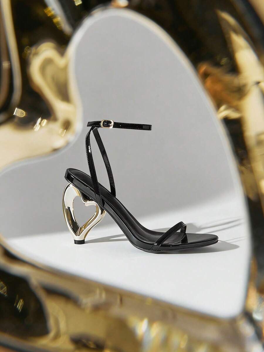 SHUZIA Giày sandal cao gót quai ngang hình trái tim thanh lịch dành cho nữ. - màu đen - Xem 1
