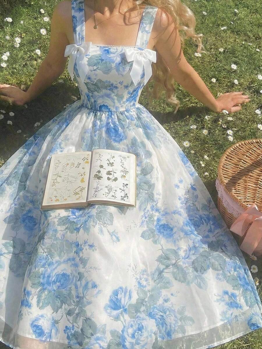 SHEIN MOD Váy suông voan organza họa tiết hoa thanh lịch dành cho nữ, phong cách nghỉ dưỡng, mùa hè - Xanh và trắng - Xem 1
