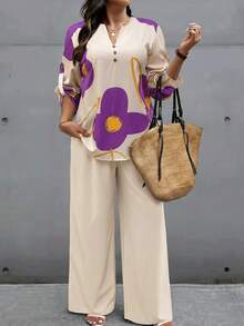 SHEIN LUNE Plus Size Women Floral Print Top And Solid Color Pants Casual Matching Suit, Autumn/Winter - Multicolor - View 3