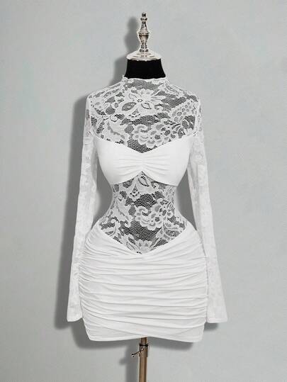 SHEIN ICON Women's Lace Patchwork Ruffle Elegant Date Party Mini Dress