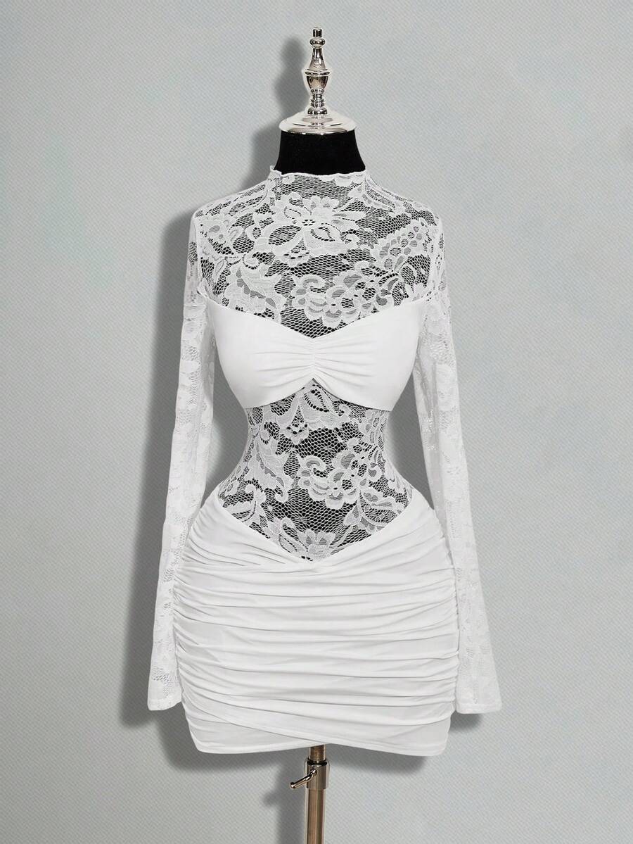 SHEIN ICON Women's Lace Patchwork Ruffle Elegant Date Party Mini Dress - White - View 1