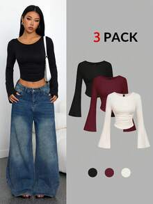 SHEIN PETITE 3件套女士纯色喇叭袖褶皱T恤，外出上衣，假日长袖露脐上衣，秋冬季，返校季，乡村音乐会，万圣节 - 彩色 - 查看 1