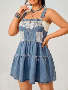 Bohemela 大码女式蕾丝边牛仔连体裤连衣裙，波西米亚风连衣裙，甜美风连衣裙，度假连衣裙，春夏连衣裙，复古水洗牛仔布 - 杏色 - 查看 4