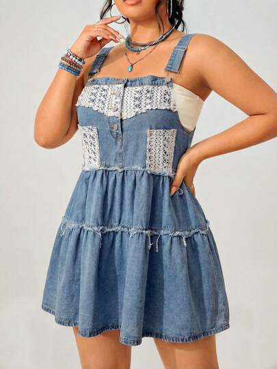  Bohemela Plus-Size Women's Lace Trim Denim Jumpsuit Dress,Boho Chic Dress,Sweet Style Dress, Vacation Dress,Spring Summer Dress,Vintage Wash Denim