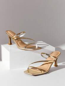 SHUZIA Women Elegant Comfortable Mentallic TPU Srtap Stiletto Heel Slip-On Sandals Summer Shoes - Gold - View 5