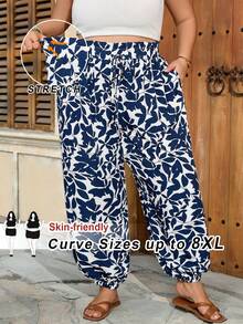 SHEIN CURVE+ Curve 尺码 US22 音乐节、海滨度假、波西米亚风女士蓝色耳朵装饰弹力腰蝴蝶结高腰显瘦裤，印花休闲度假优雅街头度假裤 - 藍白色 - 查看 1