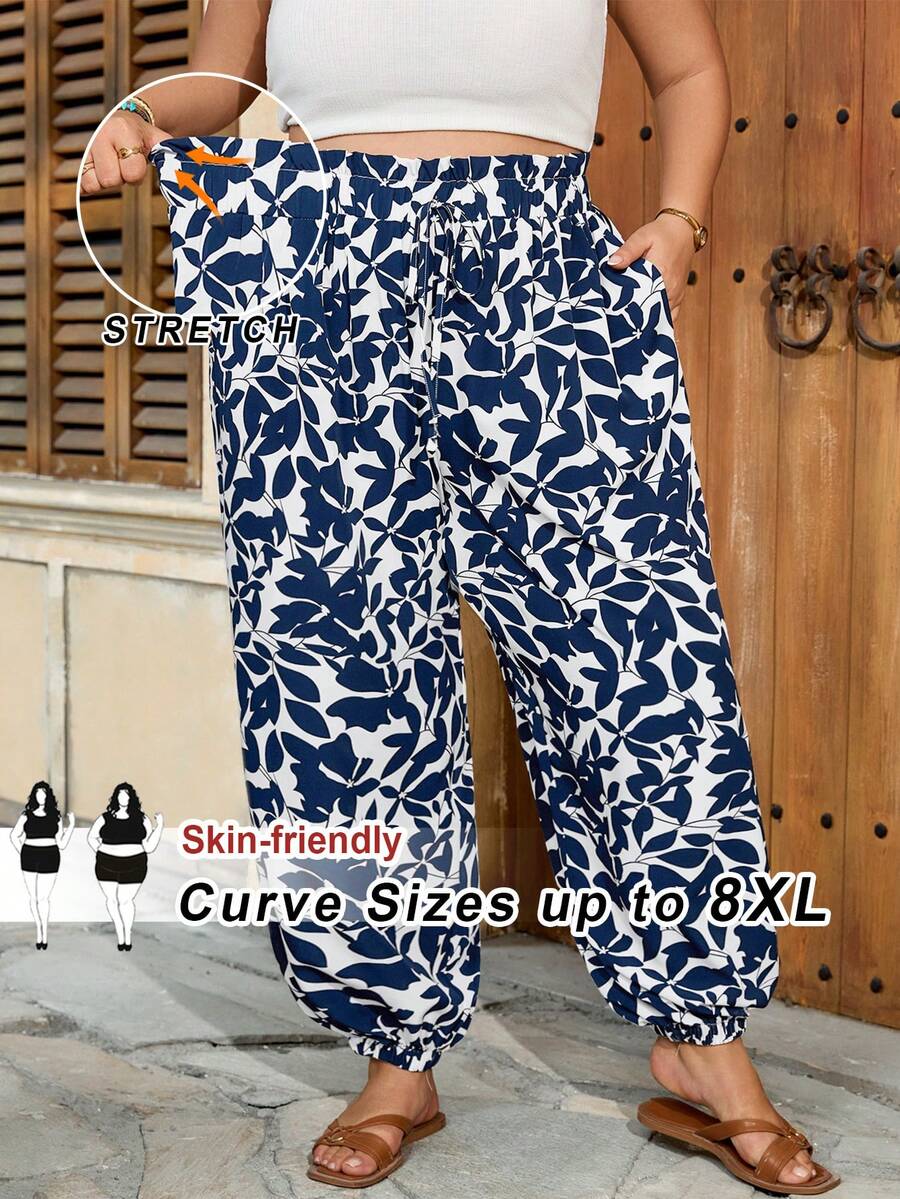 SHEIN CURVE+ Curve 尺码 US22 音乐节、海滨度假、波西米亚风女士蓝色耳朵装饰弹力腰蝴蝶结高腰显瘦裤，印花休闲度假优雅街头度假裤 - 藍白色 - 查看 1