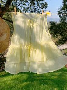 Comfortcana Women's Front Tie Light Yellow Ruffle Hem Sleeveless Blouse, Summer Yellow Babydoll Top - Yellow - View 3