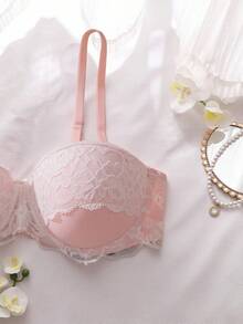 DelicateAllure 2 piezas Conjunto de lencería elegante de mujer con contraste de encaje y parches - Rosa - Ver 4