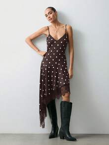 Maija 早春吊带波点蕾丝拼接女士吊带裙，适合情人节派对 - 棕色 - 查看 8