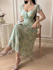 Feyla Đầm nữ dáng lửng thanh lịch, cổ chữ V, tay raglan, thắt nơ phía trước, in họa tiết tie-dye. - Nhiều màu - Xem 1