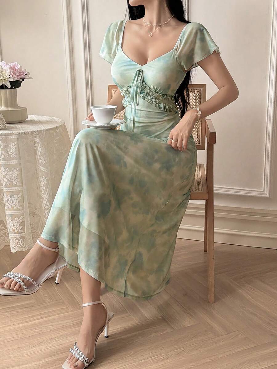 Feyla Đầm nữ dáng lửng thanh lịch, cổ chữ V, tay raglan, thắt nơ phía trước, in họa tiết tie-dye. - Nhiều màu - Xem 1