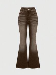 ROMWE Grunge Punk Women's Leopard Embroidered Pocket Flare Leg Skinny Jeans - Brown - View 3