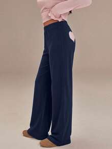 Athîral Quần ống rộng dáng suông thêu hình trái tim dành cho nữ, kiểu dáng thường ngày. - Xanh đậm - Xem 7