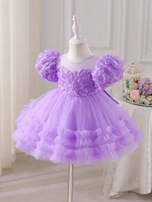 Glamorique Kids Glamorique 四季女婴花童派对礼服，C字甜美连衣裙，薰衣草花簇蓬松薄纱裙摆，雾紫色花簇多层薄纱连衣裙，甜美紫色公主裙，紫色花朵装饰泡泡袖，复活节公主裙，女婴派对礼服，薰衣草色女婴连衣裙，女婴连衣裙，公主裙，幼儿连衣裙，女婴派对礼服，女婴派对礼服，女婴婚礼礼服 - 紫色 - 查看 4