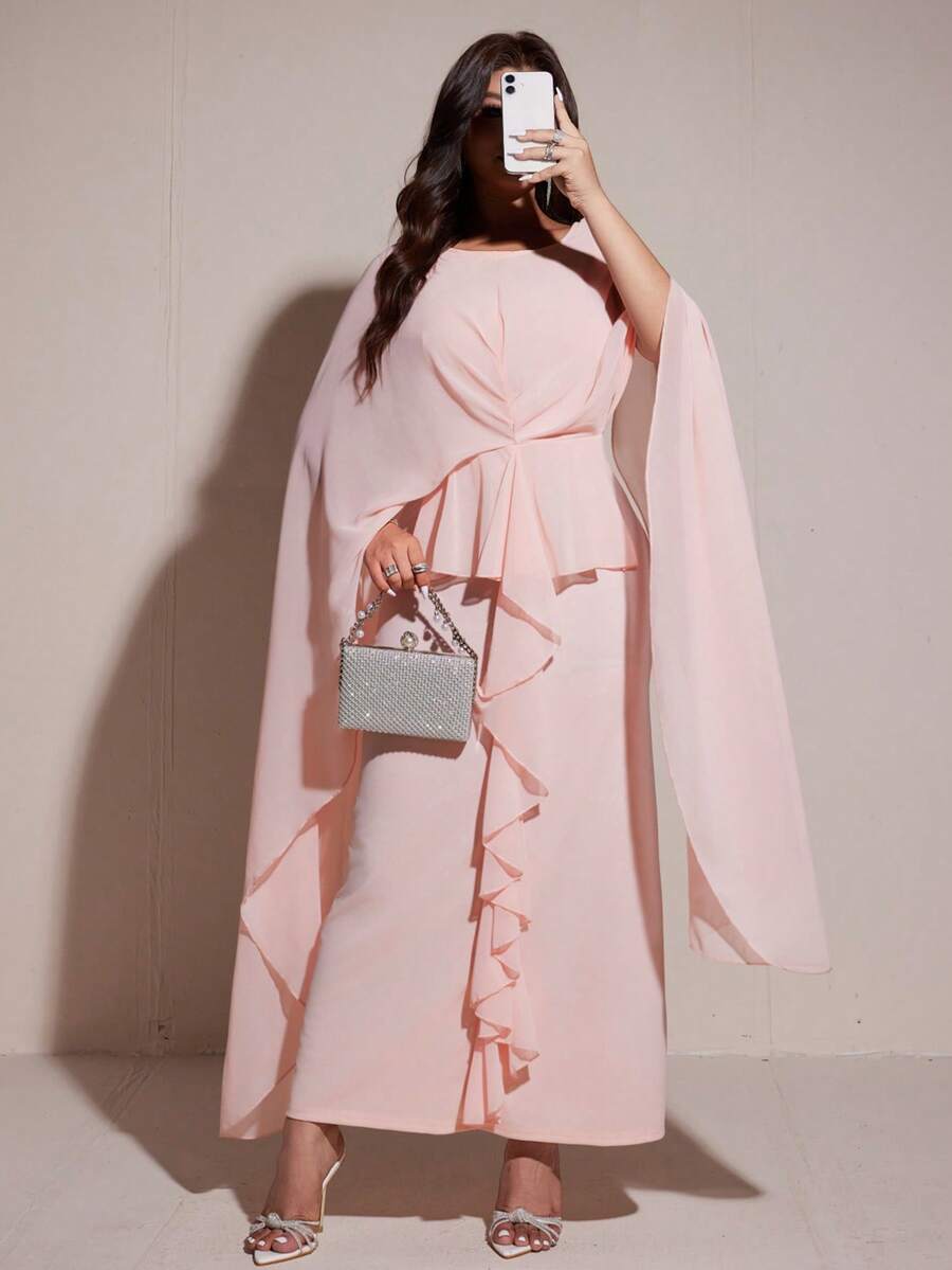Viva Relle Plus Size Women's Baby Pink Chiffon Cape Dress,Elegant Flowing Long Ruffle Dress For Summer Wedding Ninang - Pink - View 1