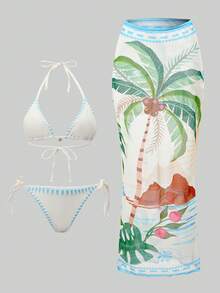 Swim Oasis 3件套女士印花系带比基尼套装，正面金属装饰，热带度假装，沙滩装，沙滩俱乐部装，泳装罩衫裙，沙滩裙套装 - 彩色 - 查看 5