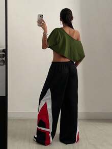 Coolane 女士街头风外出运动休闲印花露肩宽松短款红色T恤 - 綠色 - 查看 5