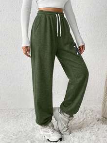 EURMUSE Pantalones de chándal holgados con estampado de gato de dibujos animados para mujer de talla grande - Verde militar - Ver 3