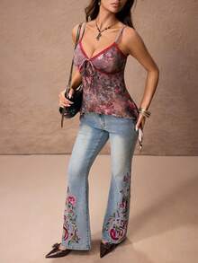 ROMWE PETITE Punk Style Floral Print Contrast Lace Front Tie Camisole - Multicolor - View 1