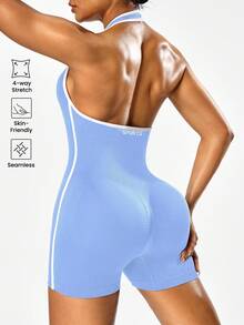 Seamluxe SHEIN Sport Women's Seamless Solid Color Halter Backless Sports Jumpsuit - Baby Blue - View 5