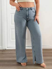 EURMUSE Plus High Waist Light Blue Wash Casual Style Regular Fit Slit Detailed Straight Jean - Light Wash - View 7
