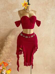 Soleia Bộ đồ nữ gợi cảm, kiểu dáng lệch vai, xếp ly, vạt bất đối xứng, thích hợp cho kỳ nghỉ, hẹn hò, tiệc trà chiều, du lịch, lễ hội âm nhạc, phong cách Bohemian. - Đỏ - Xem 7