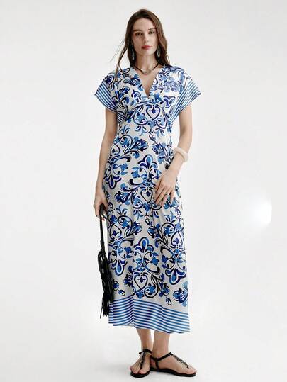 Aveloria Modichic Vintage Floral Print V-Neck Loose Jumpsuit, Short Sleeve, Striped Patchwork, Soft Fabric, Bohemian Style, Casual, Suitable For Beach Vacation, Summer Party, Daily Outing, Leisure Gathering, Highlighting Personalized And Natural Ease, Emphasizing Free And Relaxed Atmosphere. Positioned As Satin Porcelain Floral Totem Vertical Striped Print Deep V Elegant Jumpsuit