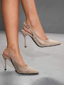 CUCCOO SZL Women's Pointed Toe Apricot Mesh Fabric Metallic Buckle Backstrap Open Toe Fashion Pumps, Elegant For Office And Commute - Apricot - View 4