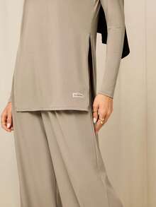 GLOWMODE X Reem Modest Tencel™ Modal All-Day Ease Silky-Soft Smooth Stretchy Lightweight Side-Split Hem Mid-Length T-Shirt Daily Casual Wear - Khaki - View 4