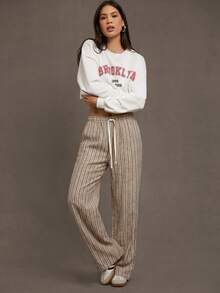 Siren Gaze Women's Tie Waist Striped Wide Leg Loose Casual Pants Stripe Pants Lounge Pants Drawstring Pants Women Linen Pants - Khaki - View 5