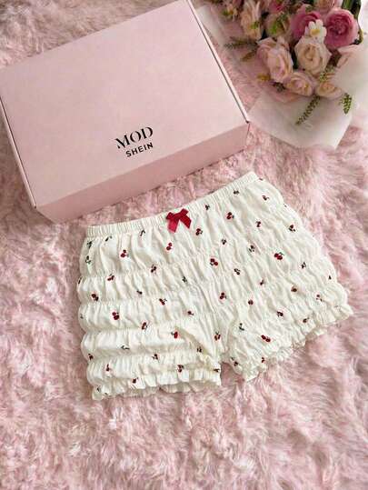 SHEIN MOD Women's Cherry Bubble Ruched Shorts With Elastic Waist And Bow Decor, Casual Summer.Ivory Cherry Ruffle Shorts Cute Bow ,Comfortable, Spring/Summer.3pcs White Pink Floral Print Tube Top Set Asymmetrical Hem,Romantic, Spring /Summer Outfits Women,Romantic,Elegant Vacation Party Midi Dress,Summer Holiday Outfits, Ceremony,Beach Vacation Outfits,Vacation Outfits Women,Out Going Outfits, Cherry Pajama Set, Cherry Clothes, Ruffle Short Set