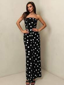 SHEIN Glamour 女士连体裤，针织黑白波点无肩带连体裤 - 黑與白 - 查看 5