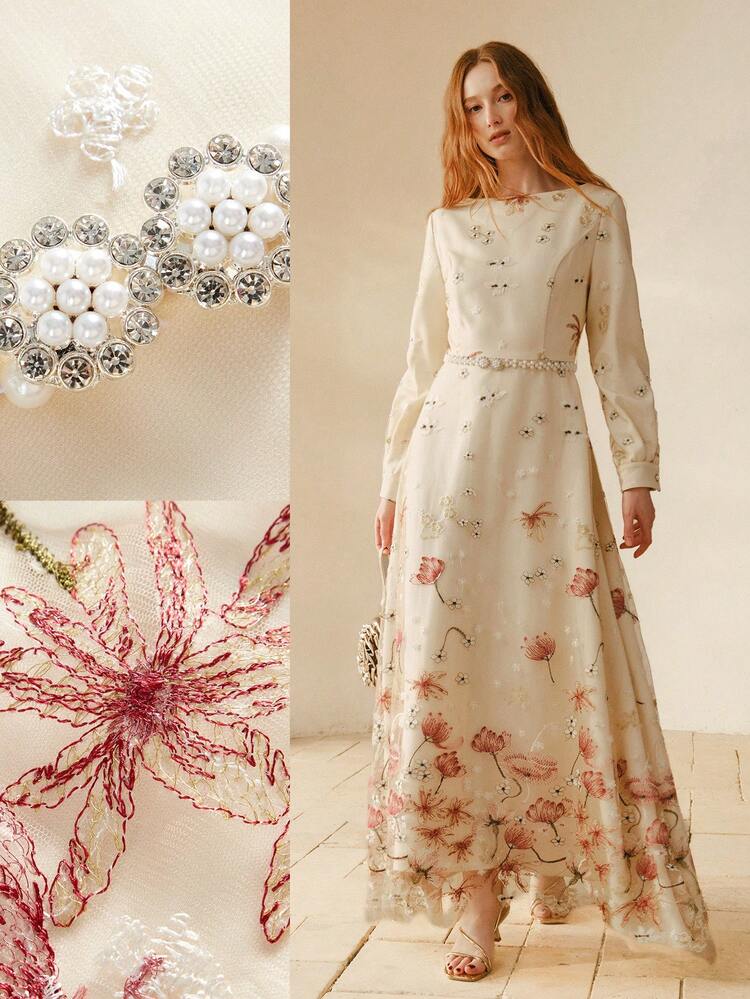 WOMEN'S ROUND NECK MESH PATCHWORK FLORAL EMBROIDERY DRESS