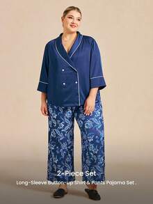 LUVLETTE Conjunto de pijama de talla grande con estilo marinero - Top de satén con doble botonadura y pantalones anchos con estampado floral azul, conjunto de ropa de dormir a la moda - Azul - Ver 8