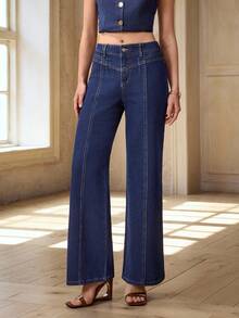 Selenza Jeans de mezclilla oscura de corte holgado y acampanado con elástico para mujer - Azul lavado oscuro - Ver 5