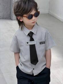 DAZY Young Boy Striped Print Applique Casual Short Sleeve Shirt - Blue - View 6