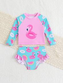 Conjunto de traje de baño de niña con estampado de dibujos animados que incluye camiseta de protección solar de manga larga y bikini triangular, adecuado para nadar, playa, piscina - Multicolor - Ver 3