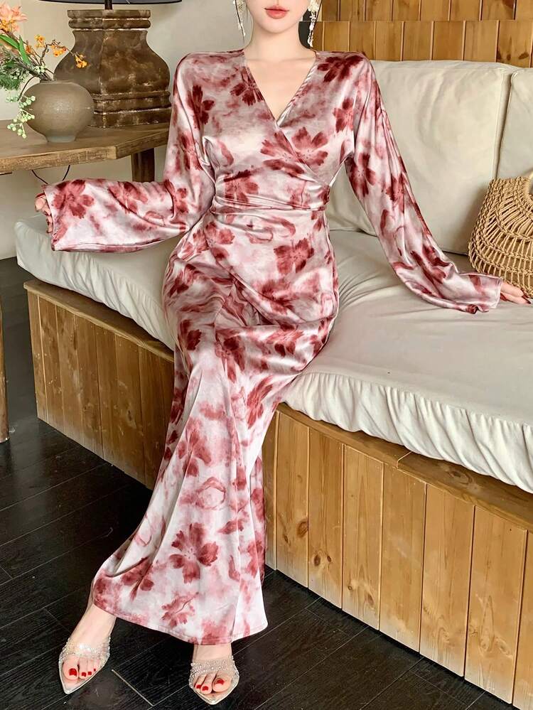 Women's Elegant Floral Print Overlap Collar Dress, Autumn Sundress