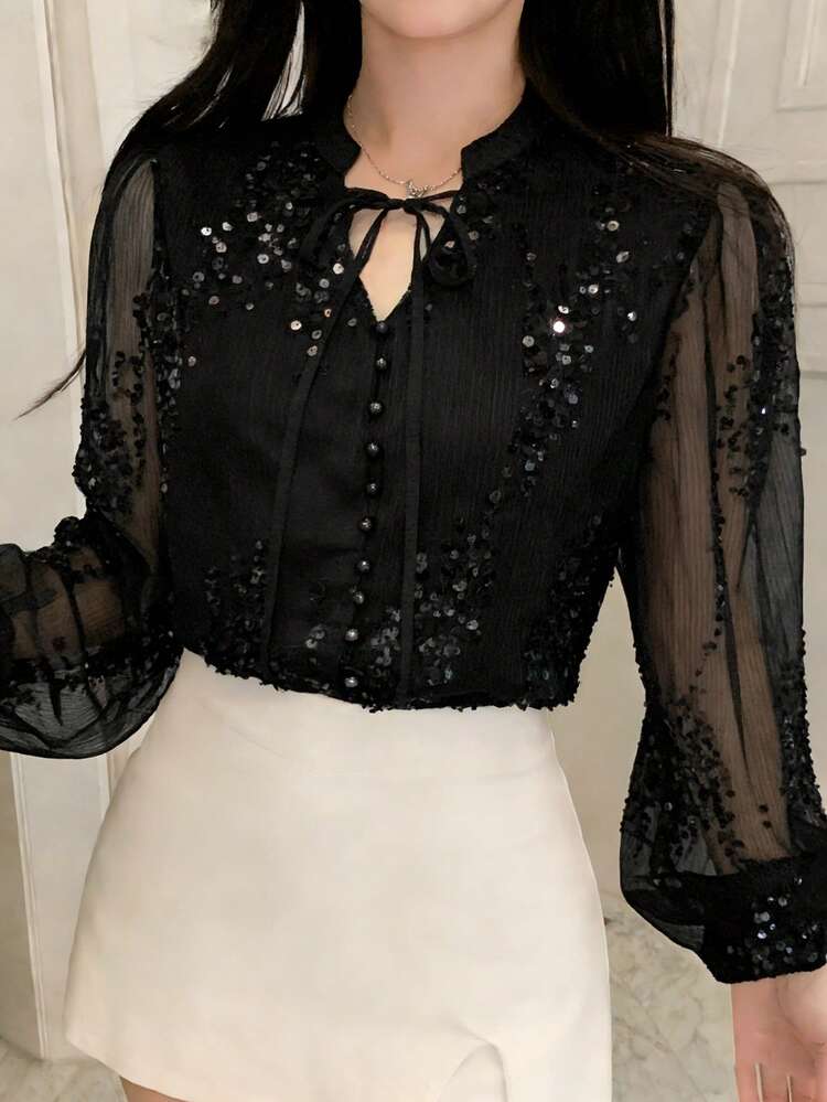 Sequin Pleated Fabric Elegant Tie-Front Long Sleeve Blouse For Women, Summer