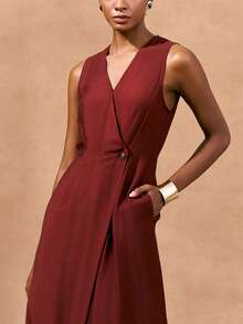 Zivah 2025 春季新品上市 复活节 生日派对 毕业季 日常出行 必备单品 休闲度假 街头时尚 极简通勤 V领 不对称设计 解构设计 隐藏式侧缝口袋 连体裤 - 鏽棕色 - 查看 8