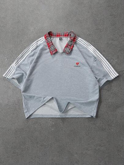 PAVTROS 男士休闲街头风针织T恤，两件套格子领短袖T恤，融合学院风与休闲风，舒适百搭，日常穿着皆宜，简约“洛杉矶”标语，简约时尚，适合日常搭配、时尚穿搭、返校季、户外休闲场合、运动等。节日礼物、男友礼物