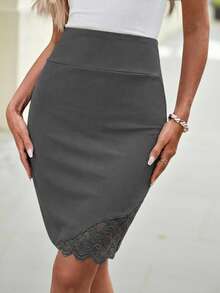 Editum Women's New Fashionable Elegant Lace Patchwork Knee-Length Skirt, Versatile For Daily, Commuting, And Outdoor Occasions Bodycon Trim Gray Pencil - Grey - View 4