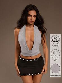 SHEIN ICON Casual Short Solid Color Sexy Halter Backless Blouse For Women Sexy Crop Top Grey Top Tops For Women Sexy Sexy Tops For Club Dress Top - Grey - View 3