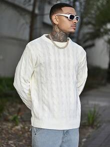 Devon Thys 1pc Men's White Mock Neck Drawstring Jacquard Casual Collegiate Pullover Sweater, Fall/Winter, Long Sleeve Top - White - View 1