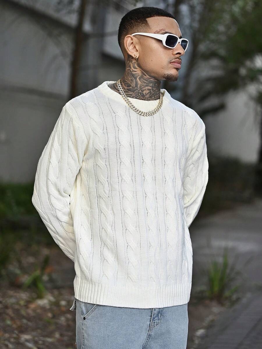 Devon Thys 1pc Men's White Mock Neck Drawstring Jacquard Casual Collegiate Pullover Sweater, Fall/Winter, Long Sleeve Top - White - View 1